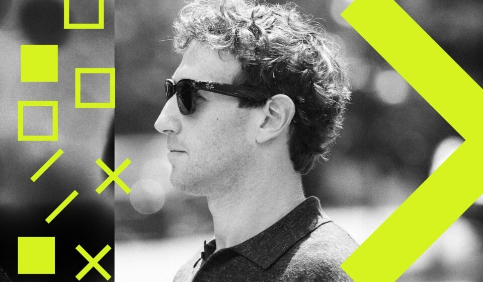 A photo illustration of Meta CEO Mark Zuckerberg wearing a pair of Meta Ray-Ban smart glasses.