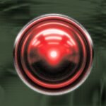 H.A.L. style glowing red digital eye over a textured digital backdrop.
