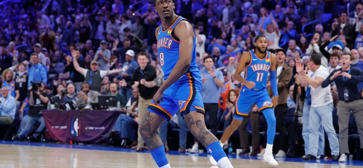 Dec 22, 2025; Oklahoma City, Oklahoma, USA; Oklahoma City Thunder guard Jalen Williams (8) looks back after dunking against the Memphis Grizzlies during the second half at Paycom Center. Mandatory Credit: Alonzo Adams-Imagn Images
