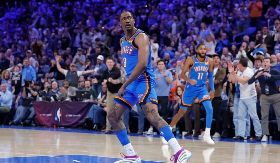 Dec 22, 2025; Oklahoma City, Oklahoma, USA; Oklahoma City Thunder guard Jalen Williams (8) looks back after dunking against the Memphis Grizzlies during the second half at Paycom Center. Mandatory Credit: Alonzo Adams-Imagn Images