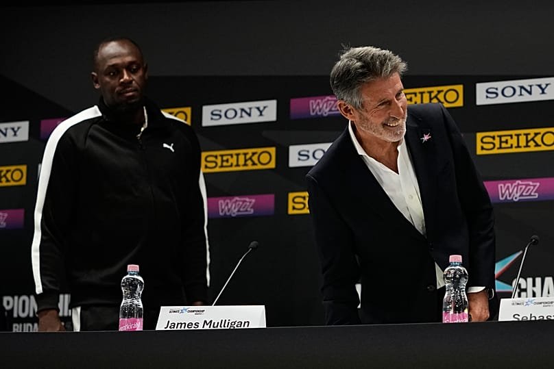 Sebastian Coe (right) with Usain Bolt (left) at an event on the sidelines of the Ultimate Championship in Budapest